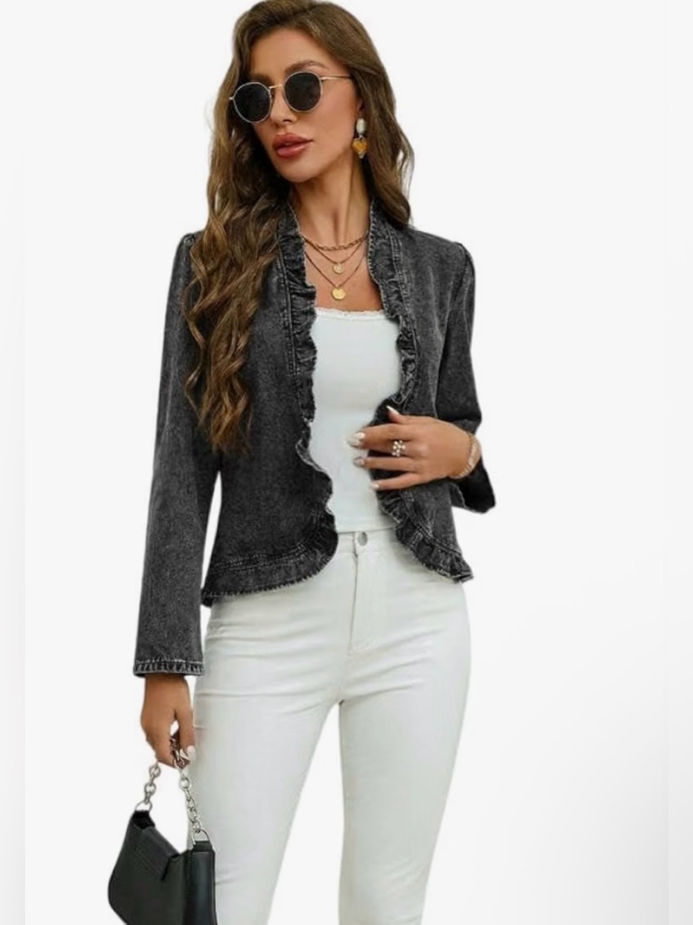 Ruffled Open-Front Women's Jacket in Charcoal